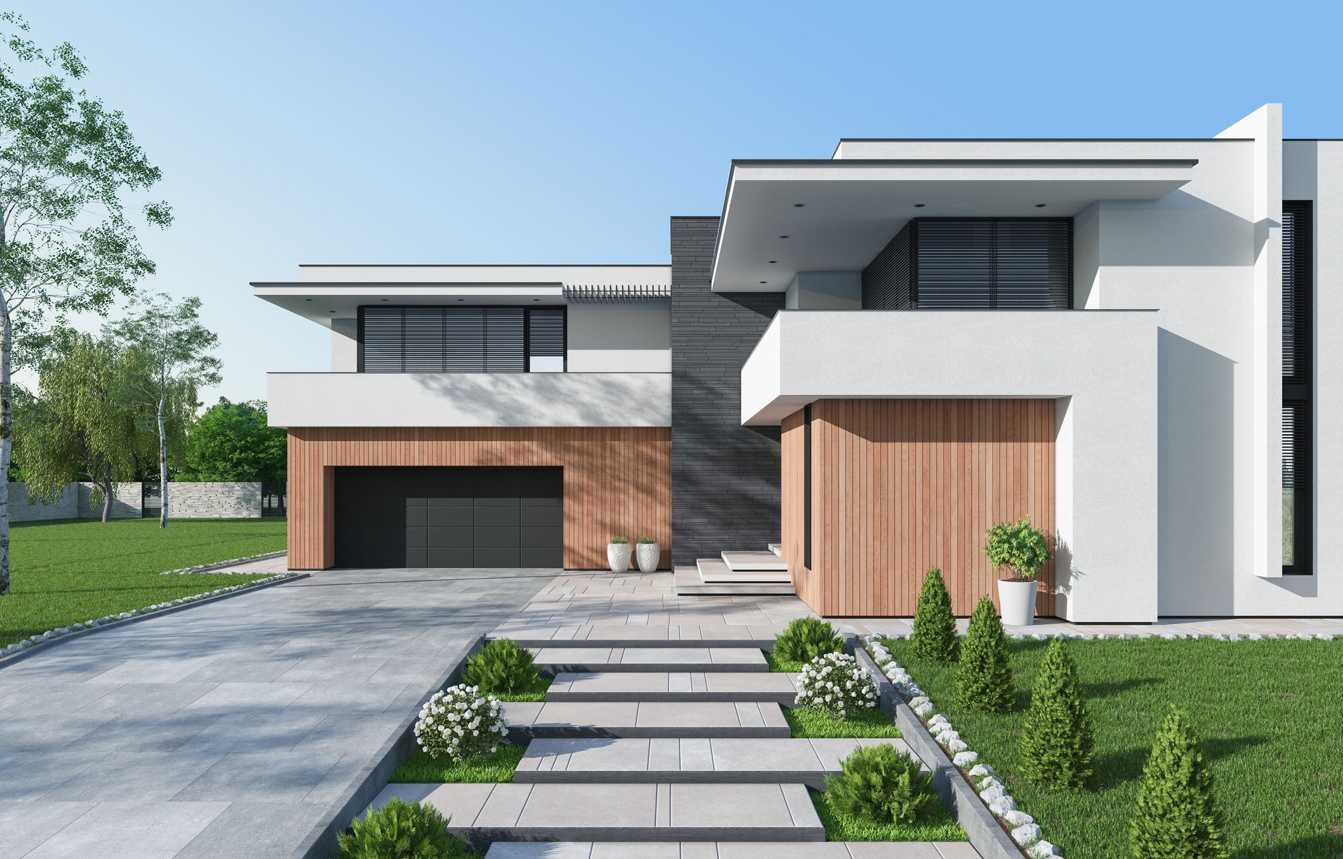 Modern luxury white Villa Concept with wooden panels.